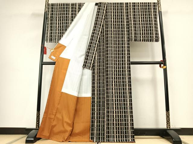 平和屋着物●小紋 格子 黒地 やまと誂製 洗える着物 未使用 AABK7833fy