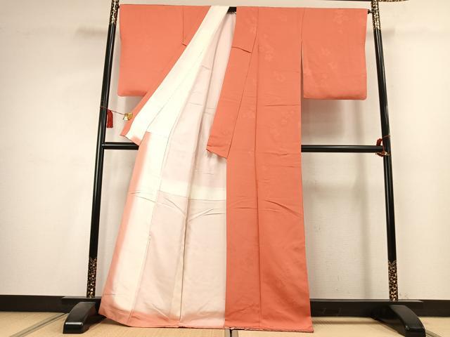 平和屋着物●上質な色無地 舞花地紋 鉛丹色 正絹 逸品 AABK7861fy