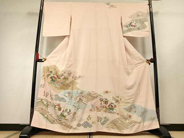 平和屋着物●訪問着 刺繍 花鳥文 暈し染め 金糸 金彩 正絹 逸品 AABK7875fy