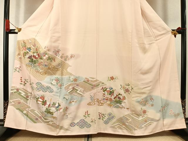 平和屋着物●訪問着 刺繍 花鳥文 暈し染め 金糸 金彩 正絹 逸品 AABK7875fy