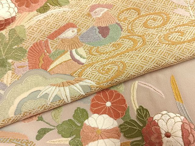 平和屋着物●訪問着 刺繍 花鳥文 暈し染め 金糸 金彩 正絹 逸品 AABK7875fy