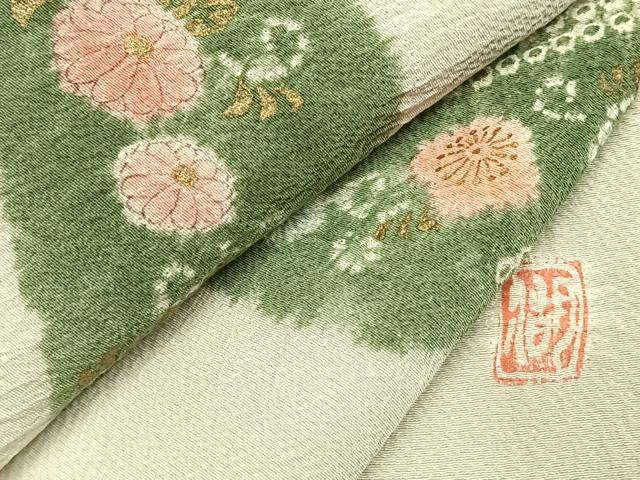 平和屋着物●十日町 名門 滝泰謹製 訪問着 絞り 草花文 金彩 正絹 逸品 AABK7876fy