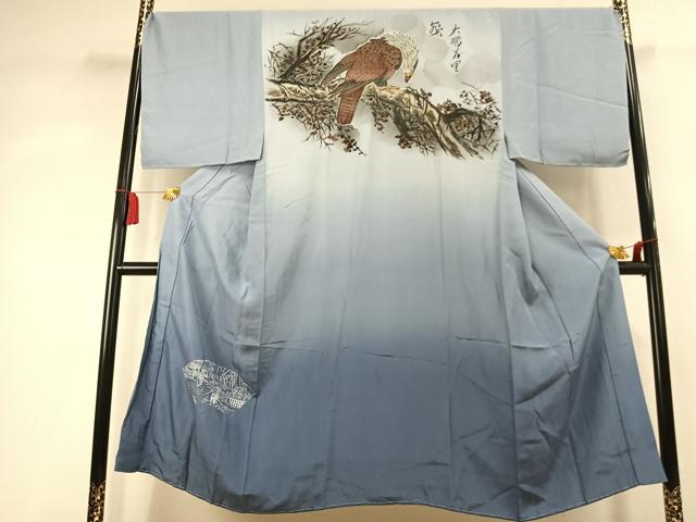平和屋着物●男性 長襦袢 袷 手描き 鷹 暈し染め 金彩 正絹 逸品 AABK7890fy
