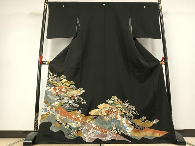 平和屋着物●創業460年・千總 黒留袖 駒刺繍 文箱花文 金彩 小田急百貨店扱い ロング丈 正絹 逸品 AABK7908fy