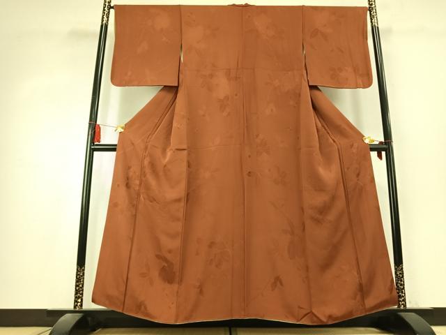 平和屋着物●上質な色無地 草花地紋 柿茶色 正絹 逸品 AABK7915fy