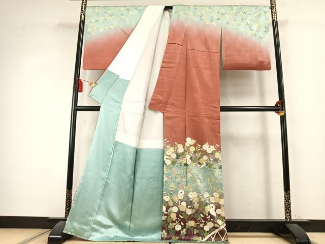 平和屋着物●訪問着 駒刺繍 草花文 暈し染め 金彩 正絹 逸品 AABK7920fy