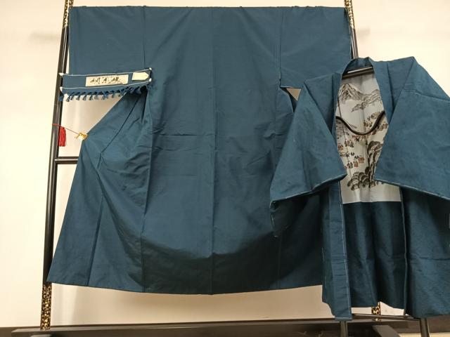 平和屋着物●男性 紬 アンサンブル 色無地 高麗納戸色 反端付き キングサイズ 正絹 逸品 未使用 AABK7934fy