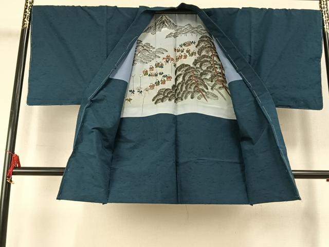 平和屋着物●男性 紬 アンサンブル 色無地 高麗納戸色 反端付き キングサイズ 正絹 逸品 未使用 AABK7934fy