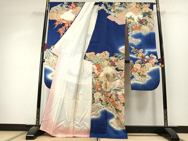 平和屋着物●豪華振袖 駒刺繍 孔雀花文 暈し染め 金糸 金彩 正絹 逸品 AABK7940fy
