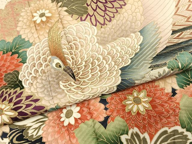 平和屋着物●豪華振袖 駒刺繍 孔雀花文 暈し染め 金糸 金彩 正絹 逸品 AABK7940fy
