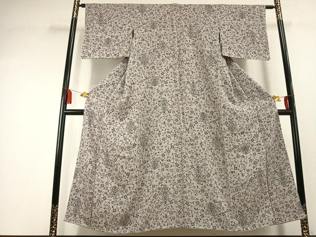 平和屋着物▼上質な小紋 花唐草文 鬼しぼ縮緬 正絹 逸品 未使用 AABK7949fy