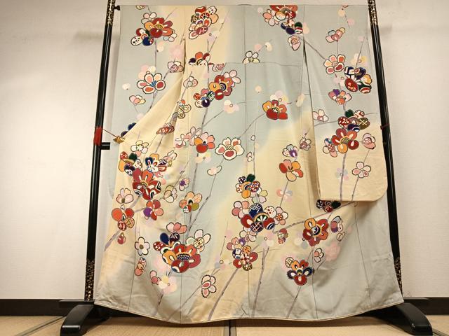 平和屋着物●豪華振袖 枝花文 暈し染め 正絹 逸品 AABK7951fy