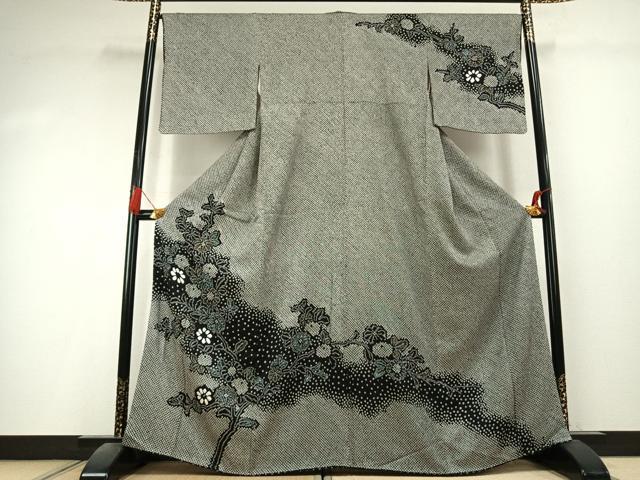 平和屋着物●訪問着 総絞り 草花文 黒地 金彩 正絹 逸品 AABK7961fy