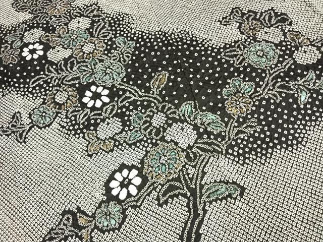 平和屋着物●訪問着 総絞り 草花文 黒地 金彩 正絹 逸品 AABK7961fy