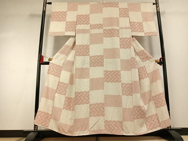平和屋着物●上質な小紋 市松文様 正絹 逸品 AABK7964fy