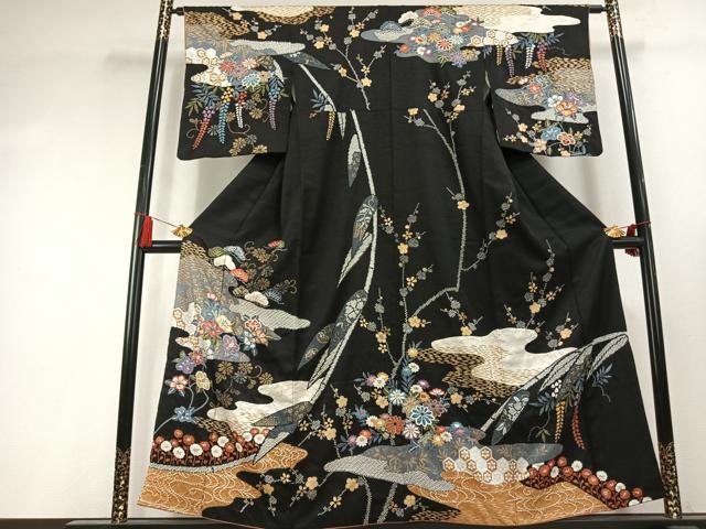 平和屋着物●訪問着 絞り 草花文 黒地 金銀彩 正絹 逸品 AABK7965fy