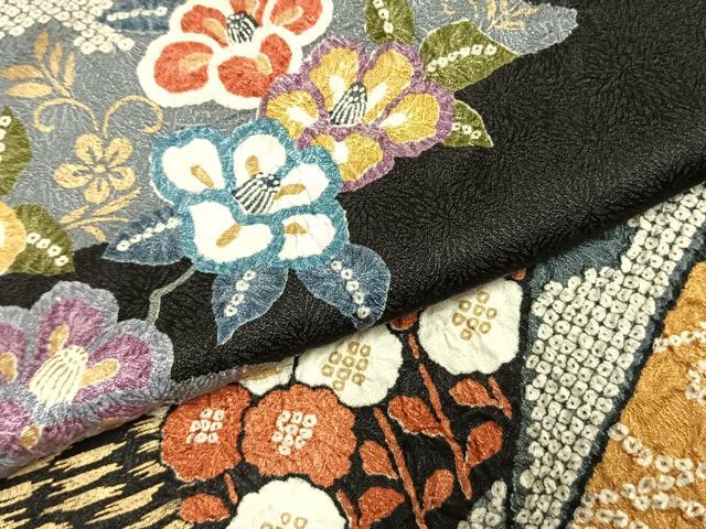 平和屋着物●訪問着 絞り 草花文 黒地 金銀彩 正絹 逸品 AABK7965fy