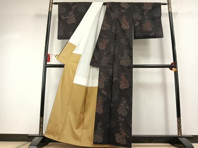 平和屋着物●訪問着 紬地 刺繍 花蝶文 正絹 逸品 AABK7966fy