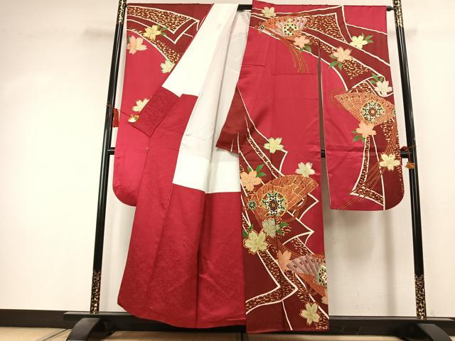 平和屋着物●豪華振袖 駒刺繍 扇面花文 金糸 金彩 正絹 逸品 未使用 AABK7969fy