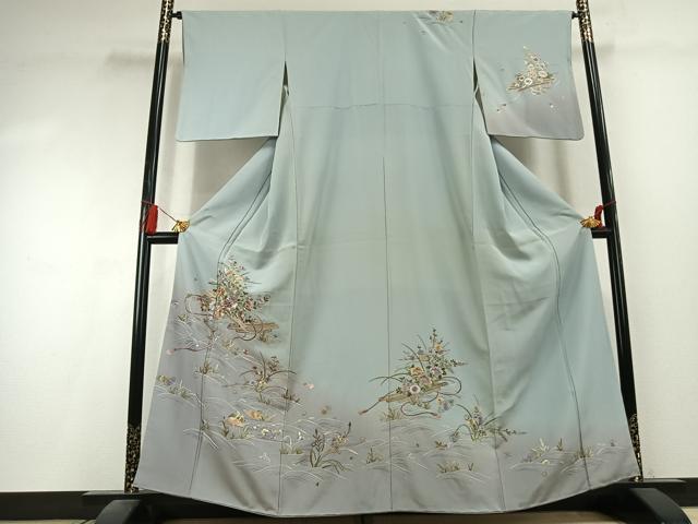 平和屋着物●訪問着 総刺繍 花鳥文 暈し染め 金糸 正絹 逸品 AABK7984fy