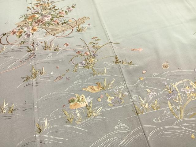 平和屋着物●訪問着 総刺繍 花鳥文 暈し染め 金糸 正絹 逸品 AABK7984fy