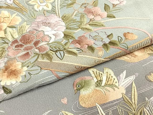 平和屋着物●訪問着 総刺繍 花鳥文 暈し染め 金糸 正絹 逸品 AABK7984fy
