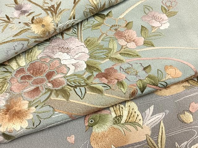 平和屋着物●訪問着 総刺繍 花鳥文 暈し染め 金糸 正絹 逸品 AABK7984fy