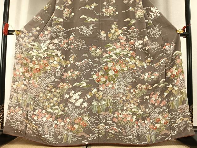 平和屋着物●訪問着 草花文 金彩 鬼しぼ縮緬 正絹 逸品 AABK8001fy