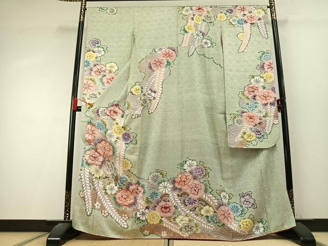 平和屋着物●豪華振袖 駒刺繍 草花文 金彩 正絹 逸品 AABK8024fy