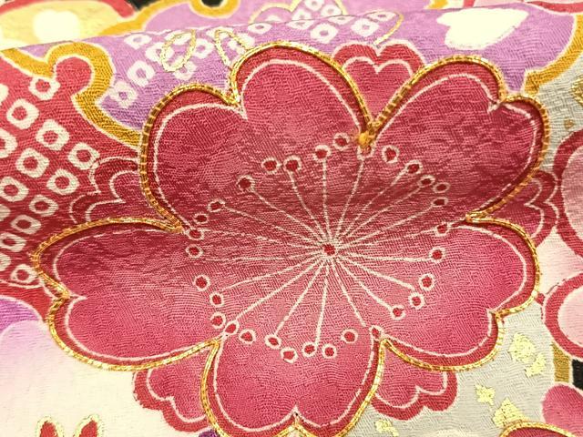 平和屋着物●豪華振袖 駒刺繍 草花文 暈し染め 黒地 金彩 正絹 逸品 AABK8058fy