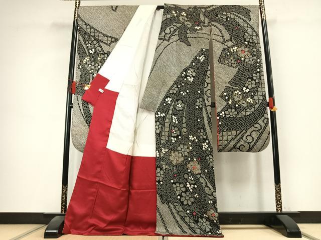 平和屋着物●豪華振袖 総絞り 駒刺繍 舞花文 黒地 金彩 正絹 逸品 AABK8062fy