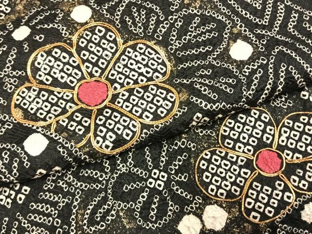 平和屋着物●豪華振袖 総絞り 駒刺繍 舞花文 黒地 金彩 正絹 逸品 AABK8062fy