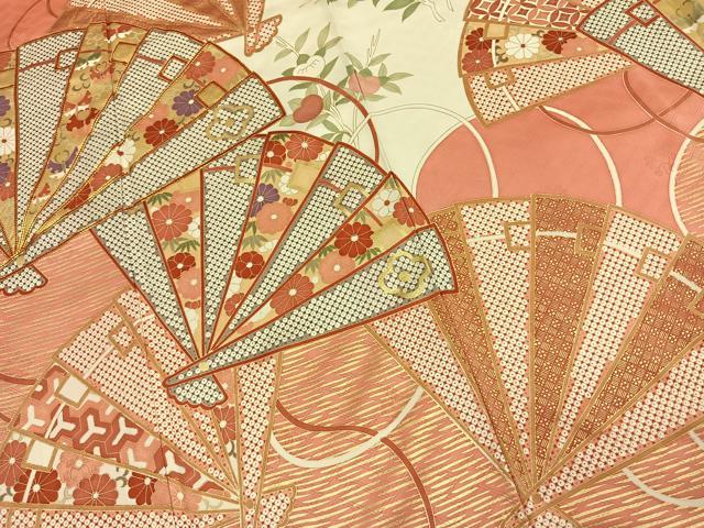 平和屋着物●十日町老舗ブランド 吉澤友禅 吾妻徳穂 振袖 駒刺繍 扇面花蝶文 金彩 正絹 逸品 AABK8065fy