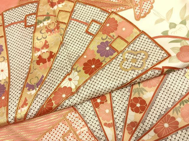 平和屋着物●十日町老舗ブランド 吉澤友禅 吾妻徳穂 振袖 駒刺繍 扇面花蝶文 金彩 正絹 逸品 AABK8065fy