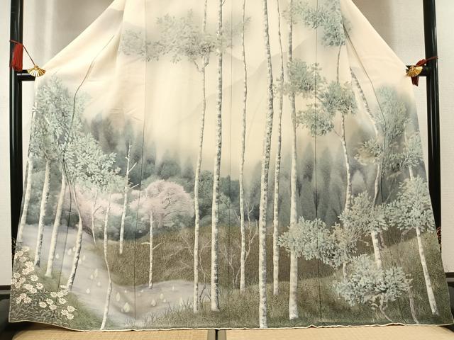 平和屋着物●伝統工芸士 森勇雄 訪問着 手描き 風景文 暈し染め 正絹 逸品 AABK8067fy