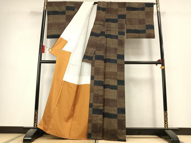 平和屋着物●上質な紬 市松文様 正絹 逸品 AABK8080fy
