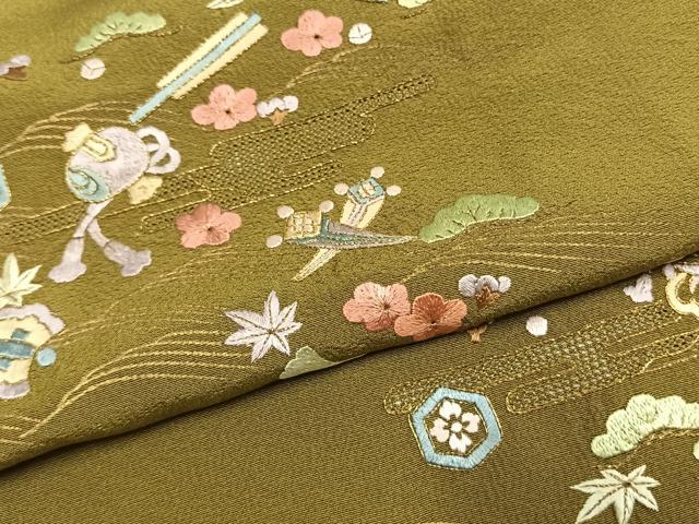 平和屋着物●訪問着 総刺繍 松 梅 宝尽くし文様 金糸 正絹 逸品 AABK8098fy