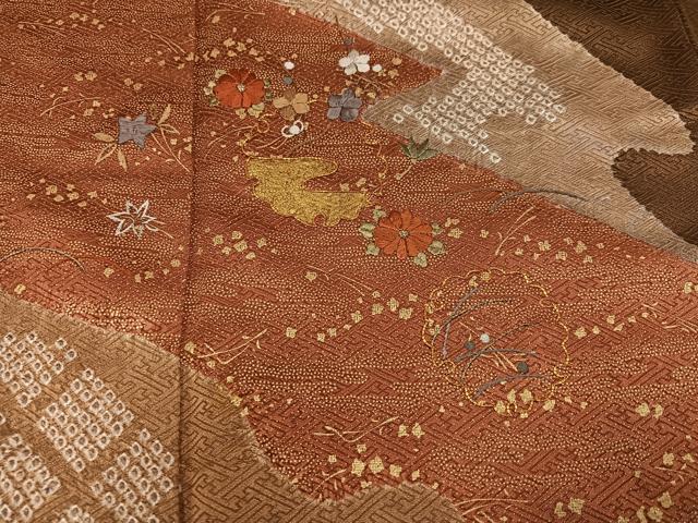 平和屋着物●訪問着 絞り 駒刺繍 雪輪草花文 金彩 正絹 逸品 AABK8130ph