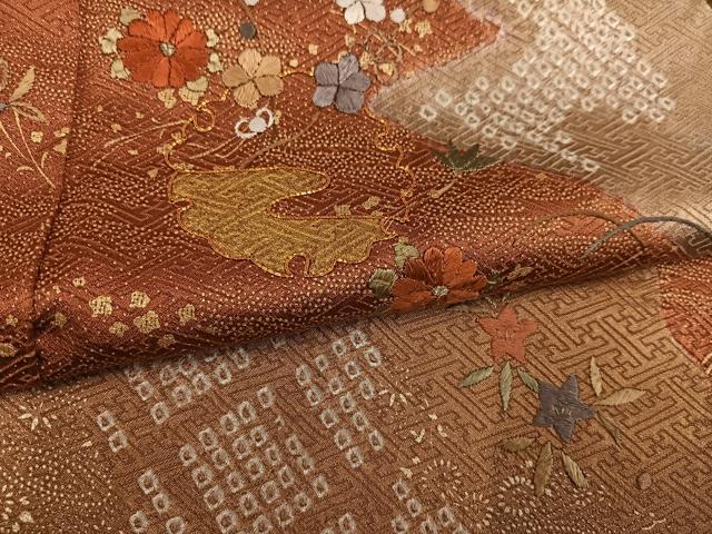 平和屋着物●訪問着 絞り 駒刺繍 雪輪草花文 金彩 正絹 逸品 AABK8130ph