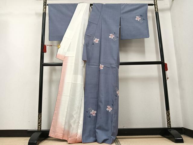 平和屋着物●真綿結城紬 小千谷紬 草花文 反端付き 正絹 逸品 AABK8138ph