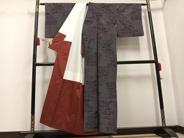 平和屋着物●結城紬 100亀甲 草花文 正絹 逸品 AABK8208ph