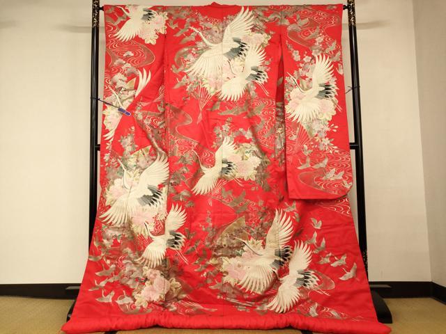 平和屋本店●色打掛 和装 婚礼 結婚式 花嫁 神社挙式 手描き 刺繍 飛鶴草花扇子文 金糸 金彩 ラインストーン 逸品 AABK8295fw