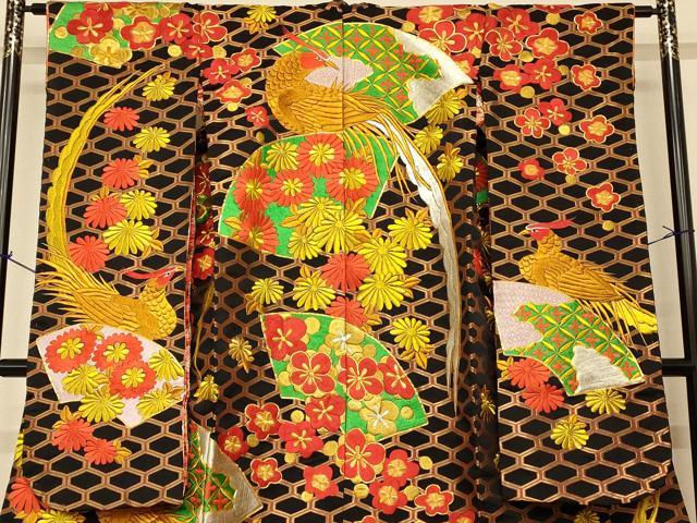 平和屋本店●色打掛 和装 婚礼 結婚式 花嫁 神社挙式 駒刺繍 地紙草花雉文 黒地 金銀糸 逸品 AABK8305fw