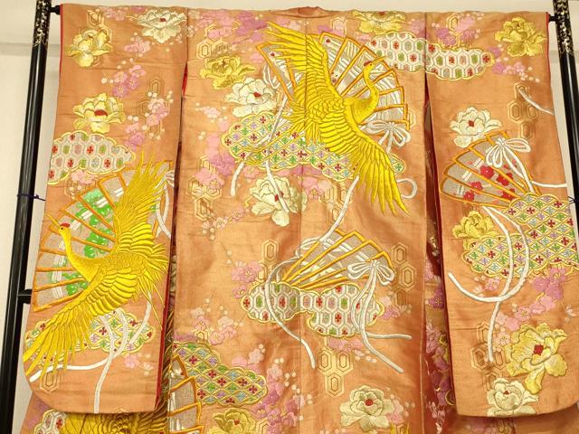 平和屋本店●色打掛 和装 婚礼 結婚式 花嫁 神社挙式 総刺繍 飛鶴枝花扇子文 金銀糸 逸品 AABK8343fw