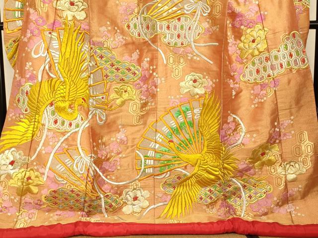 平和屋本店●色打掛 和装 婚礼 結婚式 花嫁 神社挙式 総刺繍 飛鶴枝花扇子文 金銀糸 逸品 AABK8343fw