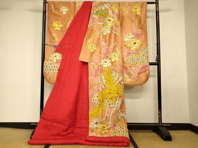 平和屋本店●色打掛 和装 婚礼 結婚式 花嫁 神社挙式 総刺繍 飛鶴枝花扇子文 金銀糸 逸品 AABK8343fw