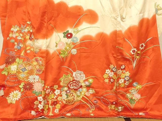 平和屋本店●お引きずり・お引き摺り・引き振袖 和装 結婚式 舞妓 芸妓 芸者 衣装 雪輪花車飛鶴文 暈し染め 金銀糸 逸品 AABK8385fw
