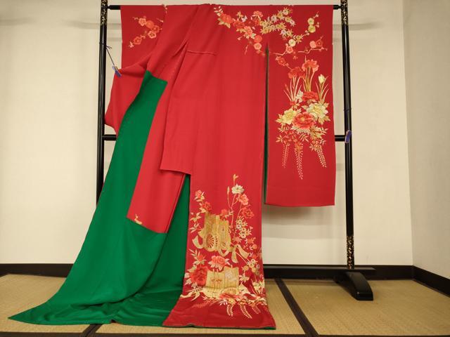 平和屋本店●お引きずり・お引き摺り・引き振袖 仮絵羽 和装 結婚式 舞妓 芸妓 芸者 衣装 総刺繍 御所車枝花文 金銀糸 逸品 AABK8396fw