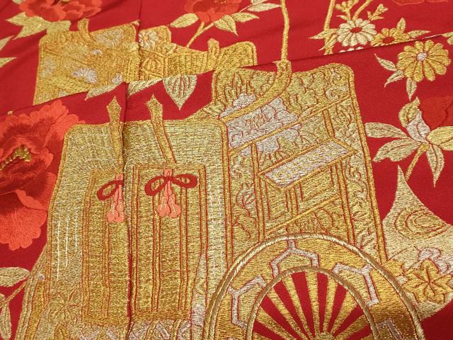 平和屋本店●お引きずり・お引き摺り・引き振袖 仮絵羽 和装 結婚式 舞妓 芸妓 芸者 衣装 総刺繍 御所車枝花文 金銀糸 逸品 AABK8396fw