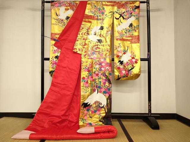 平和屋本店●本手描友禅作家 秋山章 色打掛 和装 婚礼 結婚式 花嫁 神社挙式 飛鶴枝梅光琳水 金彩 逸品 AABK8398fw